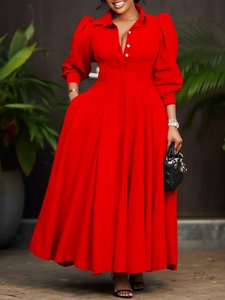 Abito Elegante da Donna Taglie Forti con Colletto a Camicia, Vita Alta, Vestibilità Aderente, Maniche Larghe e Tinta Unita, Stile Raffinato - Product Image 1