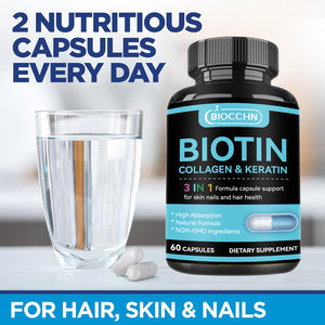 Cápsulas de Biotina 5000mcg, Suplemento para el Crecimiento del Cabello con Colágeno, Orgánico, Vegano, Marca Privada, Fabricante OEM, Apoyo para Piel y Uñas - Product Image 6