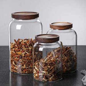 Pot de conservation en verre avec couvercle en bois, grande capacité, récipient hermétique pour écorces de mandarine séchées, forme ronde, taille L - Product Image 1