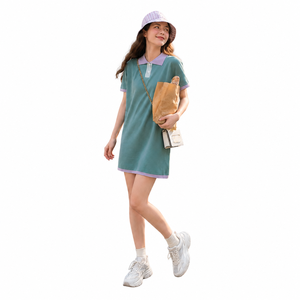 Vestido Mini de Cuello Alto con Contraste de Color para Mujer, Manga Corta, Cintura Natural, Casual, Verano, Transpirable, de Algodón - Product Image 1