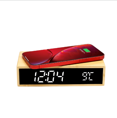 Wireless Charger Voice Control Digital Time Date Temperature Table Desk Wooden Bamboo Led Alarm Clock With Wireless Charging