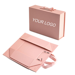 Custom Logo Foldable Magnetic <b>Pink</b> <b>Gift</b> Box With Satin Ribbon Handle - Product Image 1