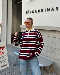 T-shirt <span class=keywords><strong>Polo</strong></span> da <span class=keywords><strong>donna</strong></span> con Logo personalizzato in cotone poliestere misto a righe tre toni camicie con colletto a maniche lunghe retrò - Product Image 6