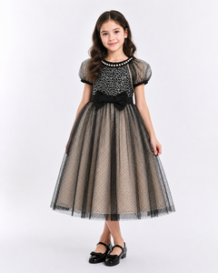 Vestido de tul negro con lunares para niñas, con ribete de perlas, manga abullonada, corte en A, formal, hasta la rodilla - Product Image 1
