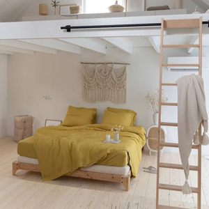 Sábana bajera de lino Ropa de cama king de lino suave lavado en amarillo musgo Sábana bajera de tamaño King y personalizada - Product Image 1