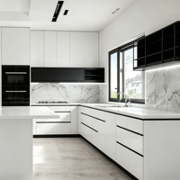 Meubles de cuisine modernes en bois massif noir et blanc sans poignées, design écologique, portes à panneaux modulaires personnalisées, évier avec plateau en pierre épaisse