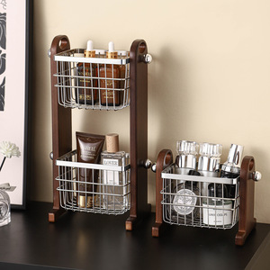 Stainless Steel <b>Desktop</b> Cosmetic <b>Shelf</b> With Wooden Frame For Bathroom Makeup Storage Basket Perfume Holder - Product Image 2