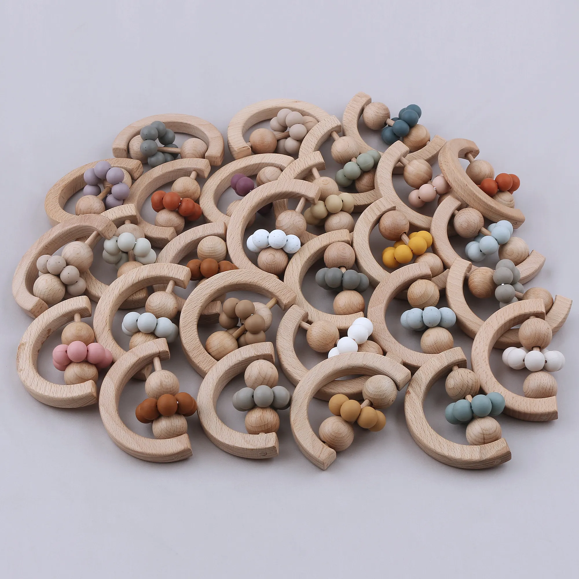 Silicone Beads Baby Teether Wooden Ring Silicone Teether Newborn Intelligence Grasping Educational Toy Baby Shower Gift