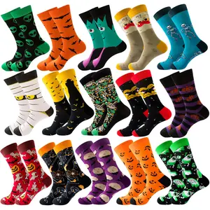 Cheap Wholesale New Design Fashion Halloween Socks Skeleton Men Socks 100% Cotton Jacquard Happy Monster Crew Sock