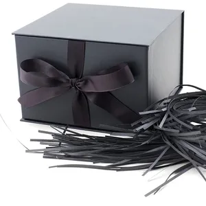 Hot Fancy Magnet Box Carton Black Rigid Flat Luxury Magnetic Folding Storage Paper Gift Box With Ribbon Filler