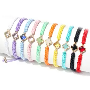 KDC869 venta al por mayor moda suerte trébol de cuatro hojas flor encanto pulsera hecha a mano macramé cuerda joyería mujeres pulseras