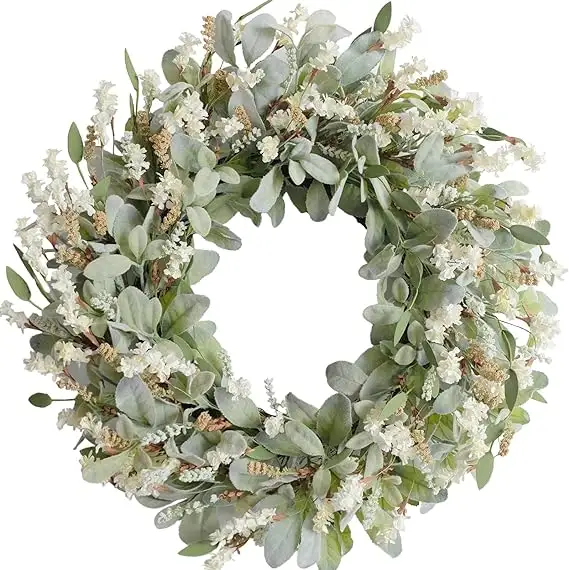 24 Inch Summer Spring Ivory Flowers Wreath for Front Door,Rustic andFarmhouseGreenery Flower Wreath