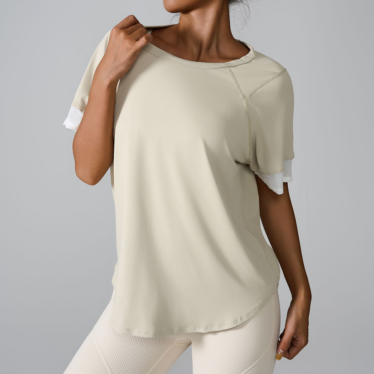 Gym Clothing Quick Drying Breathable Sports T-shirt Round Neck Loose Knit Cuff U Shaped Hem Workout Short Sleeve