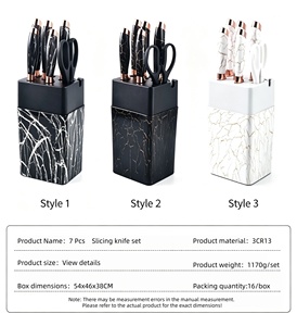 ชุดมีดเคลือบกันติด 7 ชิ้น สำหรับงานจัดเลี้ยงมืออาชีพ ด้ามลายหินอ่อน ปลายมีดสีโรสโกลด์ พร้อมที่วางมีดและกรรไกร - Product Image 6