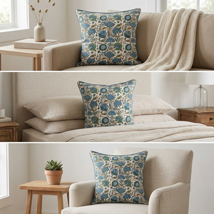 Fundas de Almohada Acolchadas con Estampado de Bloques 100% Algodón, 16x16 Pulgadas, Juego de 2, Venta al Por Mayor |   Cojín Decorativo Boho-Chic con Estampado Floral Azul Verde - Product Image 6