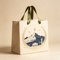 Sac de shopping écologique haut de gamme avec logo personnalisé imprimé, poignées en ruban, style inspiré de la mythologie