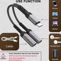 Distribuidor 2 en 1 tipo C Adaptador de cargador y auriculares USB C dual USB C Audio y PD 60W Carga rápida para iPhone 16 iPad