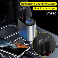 Adaptor Pengisi Daya Mobil 120W dengan Kabel Dapat Ditarik Pengisian Cepat Dual Port Tipe-C PD QC 3.0 Layar Digital LED untuk iPhone Samsung