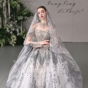 GT145 Modern Wedding Dress Beaded <b>Sequined</b> Crystal Appliques Floral Print Customized Ball Gown Chapel Train Floor-Length - Product Image 2