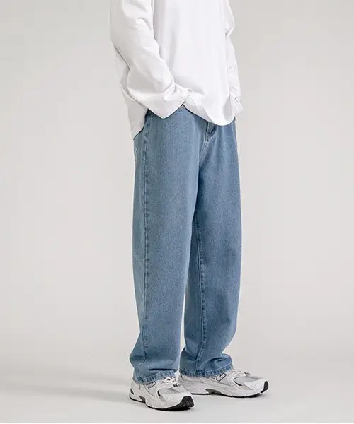 Celana Denim Gaya Jepang Trendi Pria, Celana Jins Longgar Kaki Lebar Gaya Jalanan Biru Trendi 2022