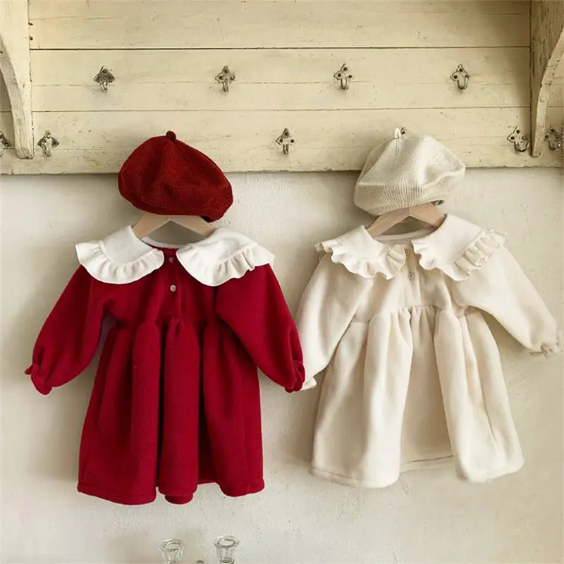 Gaun anak perempuan, baju bayi perempuan gaya Korea musim gugur dan musim dingin, baju anak-anak elegan kerah renda modis