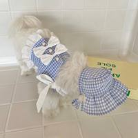Spot INS Korea Miu Wind Princesse Jupe à bretelles à carreaux bleus pour chien et chat, taille moyenne, avec chapeau pour animal de compagnie en coton, lavable à la main et en machine