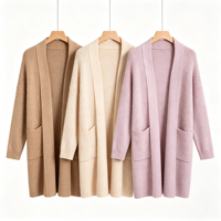 Cardigan en maille unie pour femme, col châle, ouvert sur le devant, couleur camel, sans boutons, poches latérales plaquées, épaules tombantes, longueur mi-longue