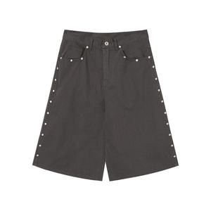 Wholesale Price Streetwear Loose Fit High Quality Heavy Cotton <b>Jeans</b> <b>Short</b> <b>Men's</b> Wide-<b>Leg</b> Denim <b>Shorts</b> with Side Metal Studs - Product Image 1