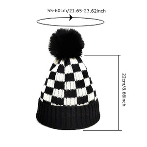 Bonnets en jacquard de haute qualité en gros, noir et blanc à carreaux, hiver, bordure à revers, <span class=keywords><strong>pompon</strong></span>, tricot à carreaux, image unisexe, vêtements de plage - Product Image 6