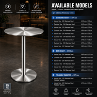 Table de bar ronde moderne en acier inoxydable avec base sur pied brossé, table haute robuste pour café et restaurant