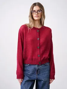 Suéter Casual Midi con Botones Delanteros de Diseño Minimalista para Mujer, Marca Blubelle, Otoño Invierno, Color Sólido, Cárdigan de Punto Fino - Product Image 3