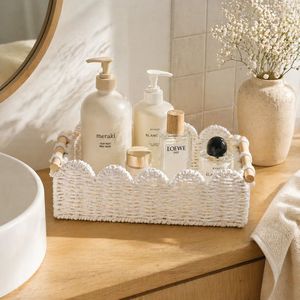 Rattan Desktop Storage <b>Basket</b> Rectangle With Handle For Bathroom Towel And Toilet Paper Organization - Product Image 3