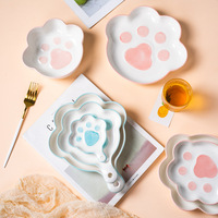Ensemble de bols et assiettes en céramique créatifs nordiques avec motif de patte de chat de dessin animé, compatibles micro-ondes, mignons et frais, bols à riz pour bébé