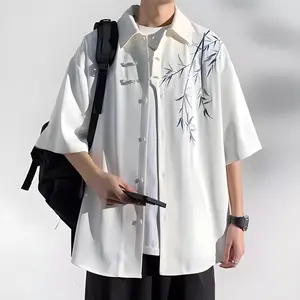 Camisa casual masculina de manga curta com estampa japonesa de verão, camisa de botão fresca e respirável, novidade