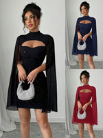 Damen Elegant Schwarz Solid Mini Langarm O-Ausschnitt Atmungsaktiv Regular Fit Party kleid für Bankette und tägliche Versammlungen