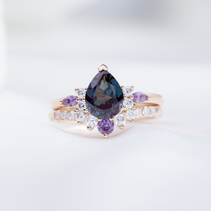 Messi Jewelry MSR-1782 10K Round <b>Gold</b> Pear Cut Lab Alexanderite Fashion <b>Ring</b> Engagement <b>Ring</b> <b>Set</b> - Product Image 1