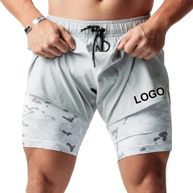 Pantalones cortos deportivos con logotipo personalizado para hombre, ropa deportiva de doble capa para entrenamiento atlético y Fitness