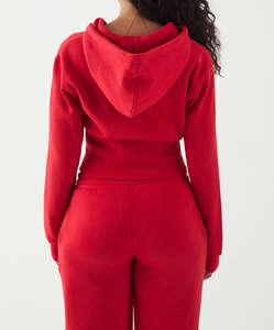 High Quality Women Sportswear Heavy Weight Red Cotton Zip up Cropped Embroidery Hoodie Set Casual <strong>Style</strong> <strong>Tracksuit</strong> - Product Image 3