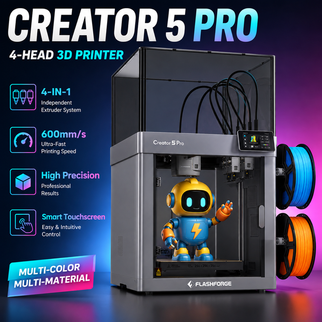 Flashforge Creator 5 Pro 4-Head 3D Printer, print speed increased by 500%, multi-color printing, no waste, auto-leveling
