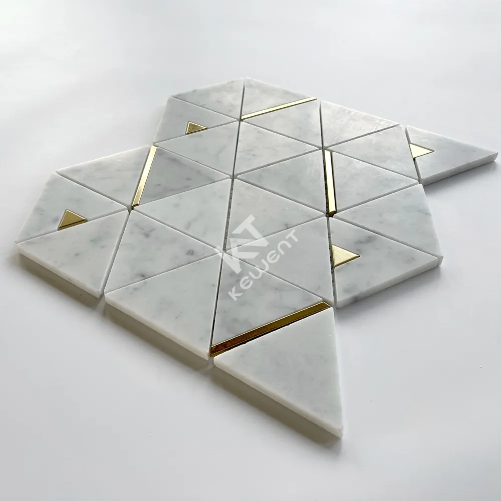 Низкая цена белая Водоструйная треугольная инкрустация полированная мраморная мозаичная плитка