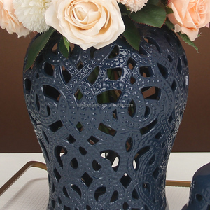 Juego de tarros de porcelana <span class=keywords><strong>para</strong></span> decoración del hogar, juego de tarros de jengibre de cerámica azul ahuecados, florero grande de calidad - Product Image 4