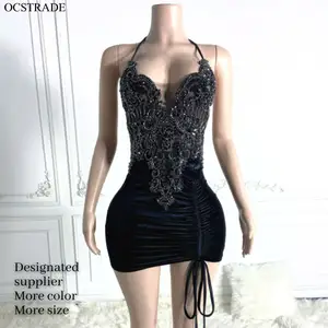 Ocstrade High Quality Black Velvet Drawstring Club Mini Dress Party Long Thin Spaghetti Strap Dresses Of Stones And Crystals