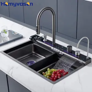 Modern Smart Sus304 Aço Inoxidável Piano Única Tigela Multifunções Led Digital Display Waterfall Kitchen Sink Com Cup Washer
