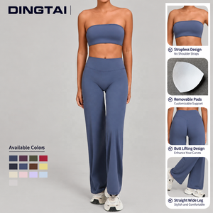 Ensemble 2 pièces pour femme : Soutien-gorge de sport bandeau sans bretelles à découpes et pantalon large, avec coussinets amovibles, anti-humidité, effet push-up, idéal pour la randonnée - Product Image 2