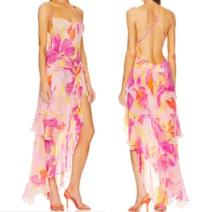 2023 Summer Chiffon Floral Maxi Beach Dress Casual Women Custom Long Elegant Halter Backless Maxi Dress Ladies