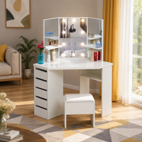 Table de toilette en mélamine avec miroir d'angle, tiroir et éclairage LED