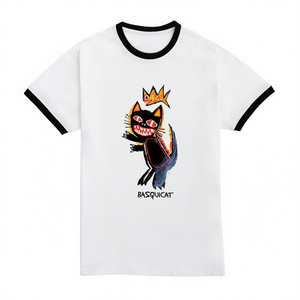 T-shirt Basquicat blanc avec bordure noire, imprimé artistique, vêtements décontractés unisexes - Product Image 2
