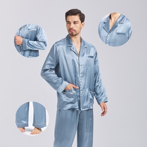 Set di <span class=keywords><strong>Pigiama</strong></span> in Seta Blu Nebbia di Lusso a Due Pezzi per <span class=keywords><strong>Uomo</strong></span>, 100% Seta Organica, Taglia Personalizzabile, Abbigliamento da Notte in Seta per <span class=keywords><strong>Uomo</strong></span> - Product Image 2