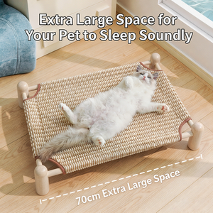 Lit pour animaux de compagnie en bois de pin surélevé pour chat et chien, hamac d'été respirant en faux sisal, tapis amovible et lavable, pour intérieur - Product Image 3