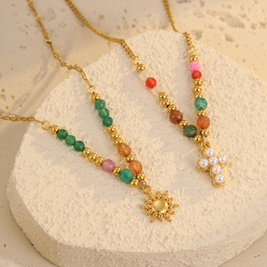 Nouveautés NIMAI : Collier manuel en perles <span class=keywords><strong>de</strong></span> pierre naturelle avec pendentif croix solaire pour femme, collier statement, lot <span class=keywords><strong>de</strong></span> 2 pièces - Product Image 2
